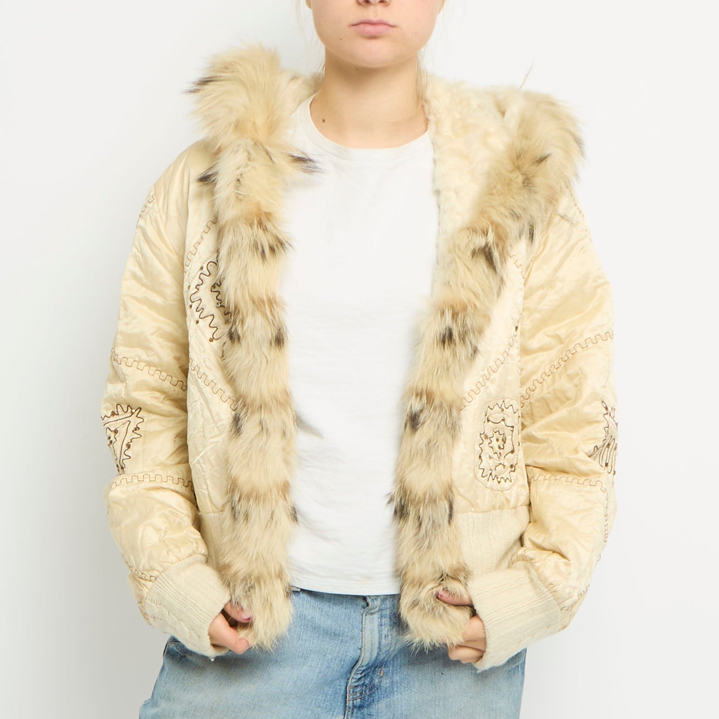 Embroidery Fur Trim Hooded Jacket - UK 10