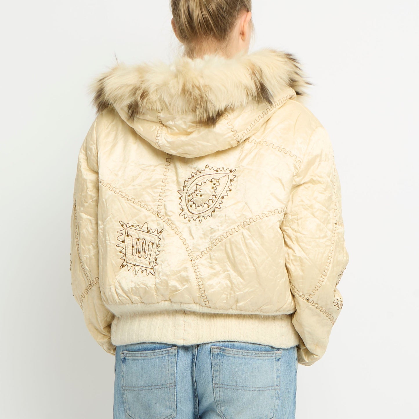 Embroidery Fur Trim Hooded Jacket - UK 10