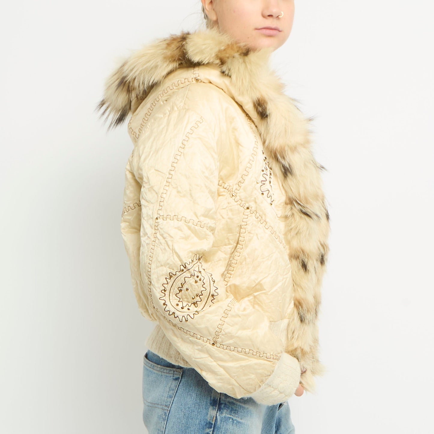 Embroidery Fur Trim Hooded Jacket - UK 10