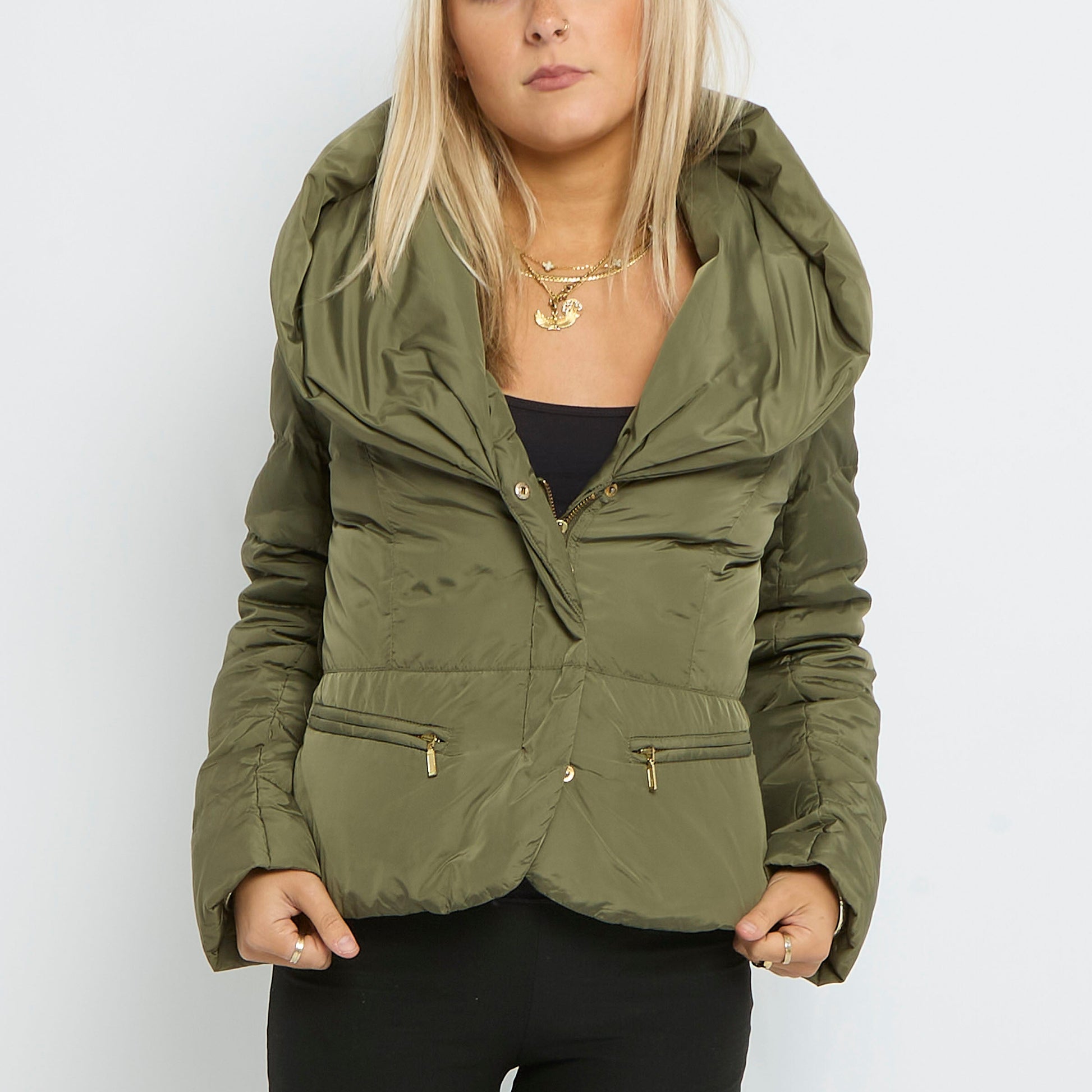 Statement Collar Tie Waist Padded Puffa Coat- UK 8