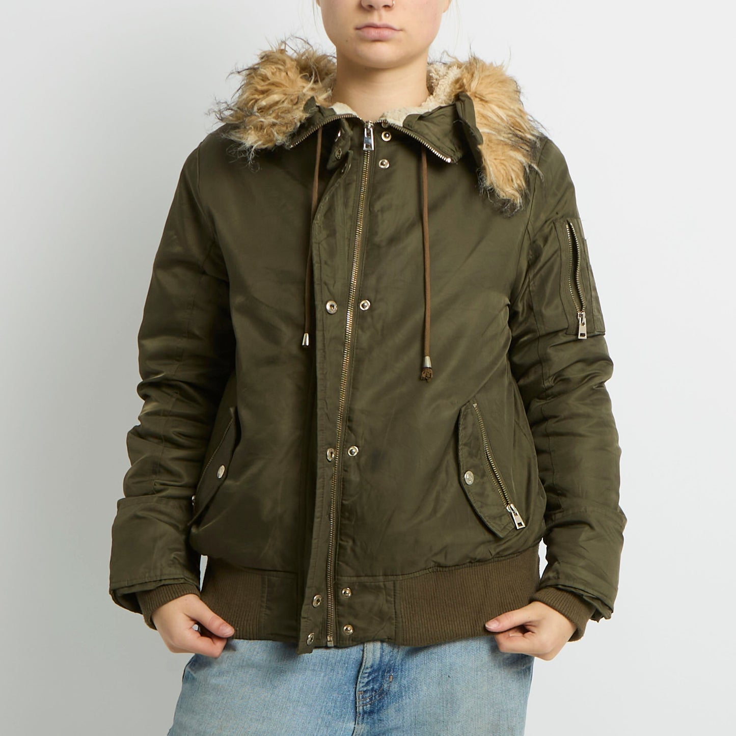 Fur Hood Detail Bomber Jacket - UK 10