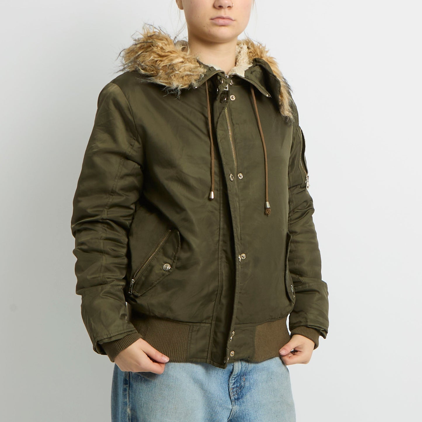 Fur Hood Detail Bomber Jacket - UK 10