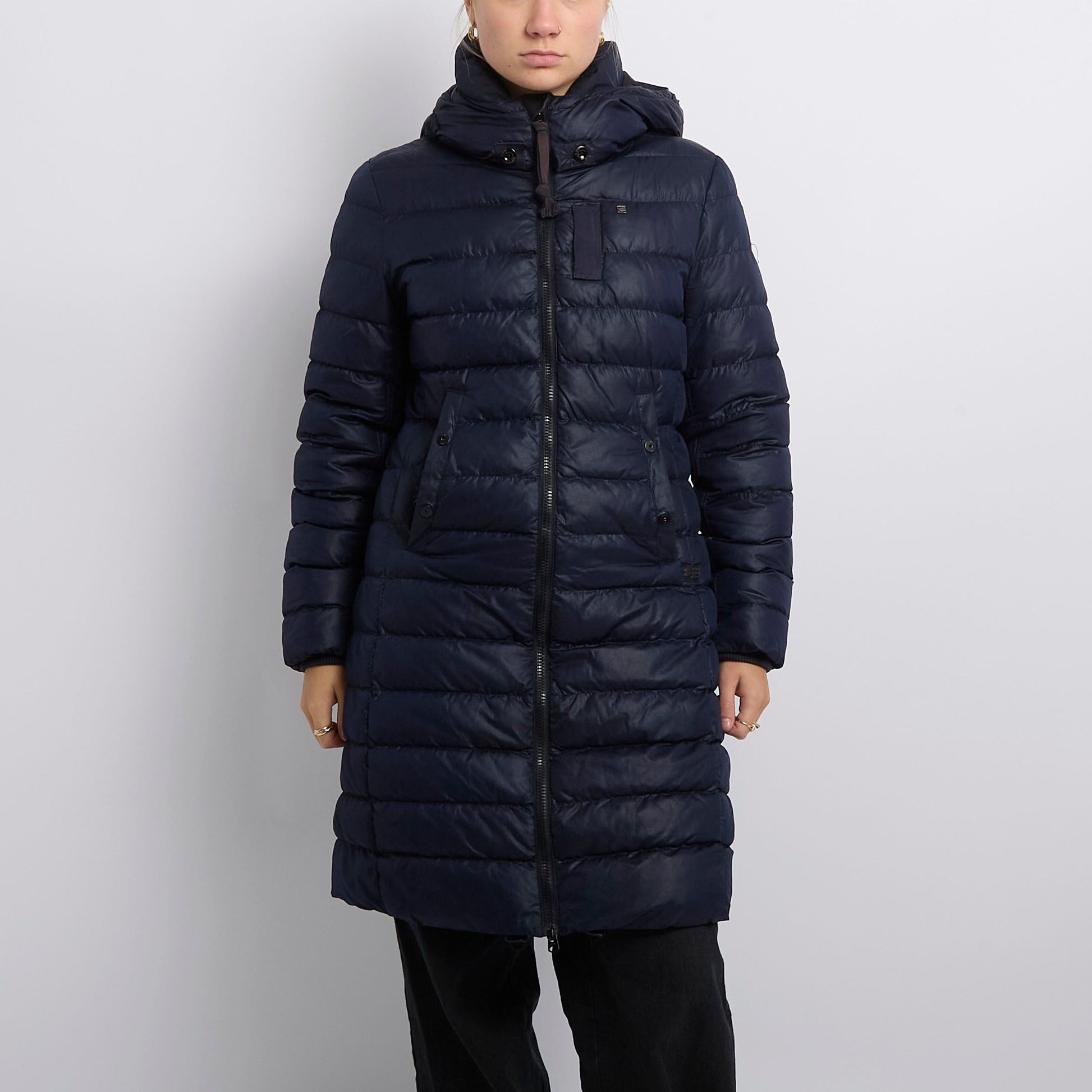 Button Detail Hooded Long Puffa Coat- UK 10