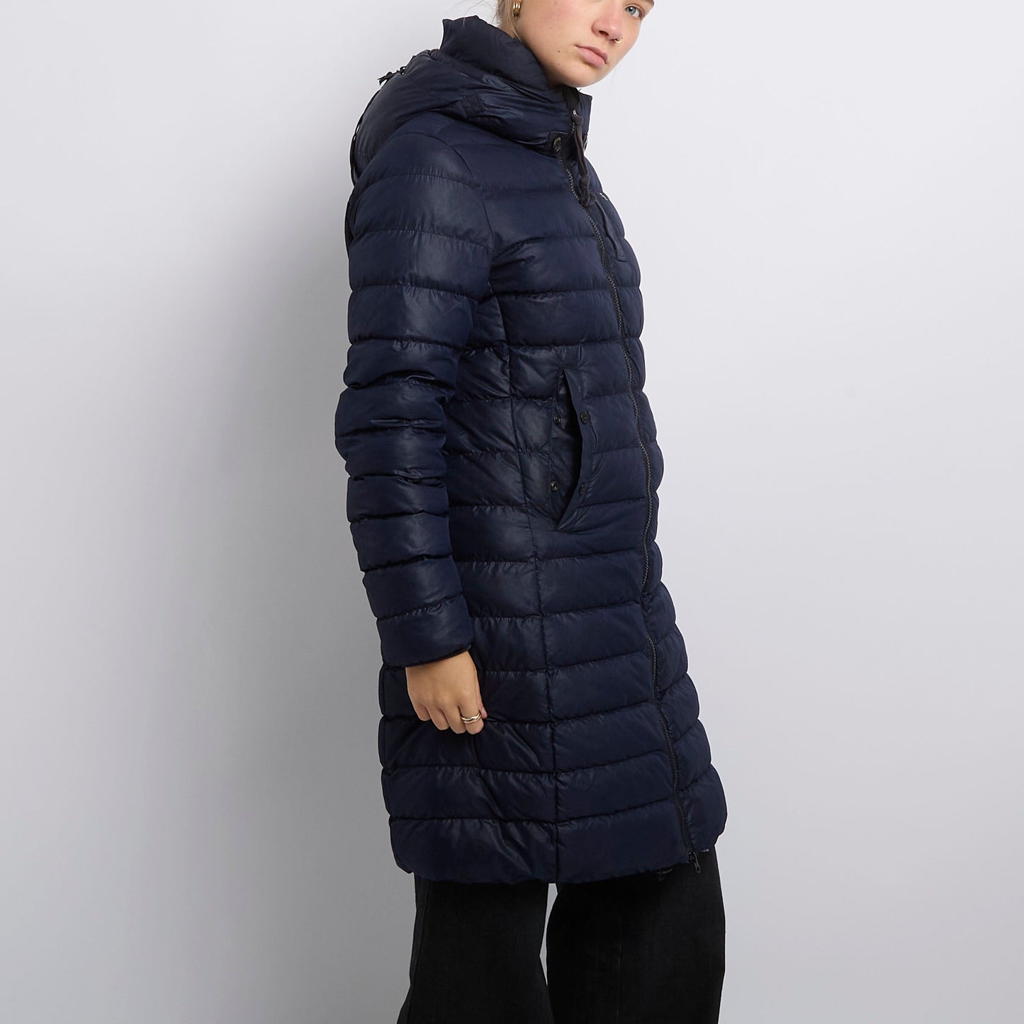 Button Detail Hooded Long Puffer Coat - UK 10