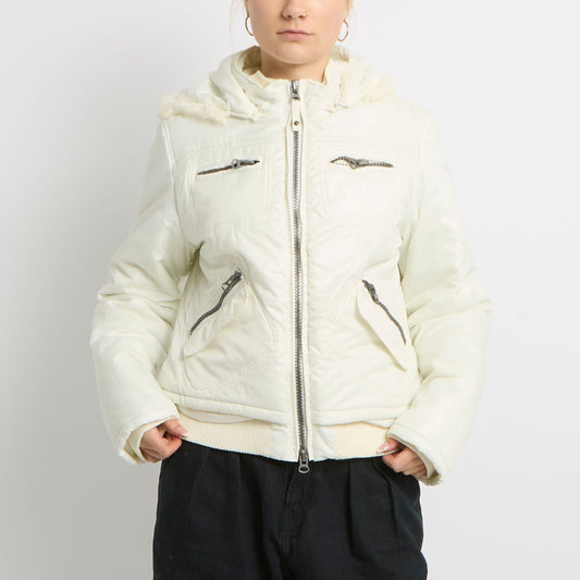 Fur Trim Hood Cuffed Short Jacket - UK 10