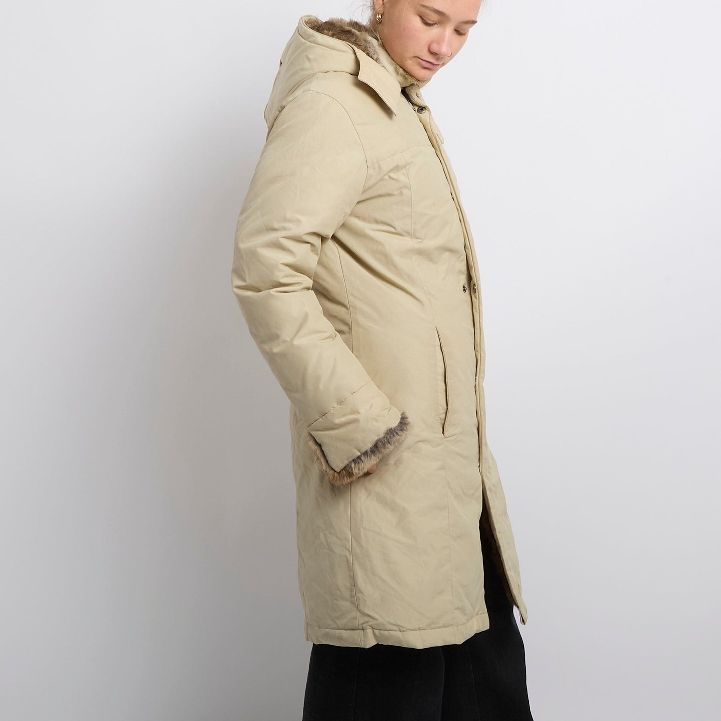 Heavy Padded Fur Lined Hooded Trench Coat - UK 12