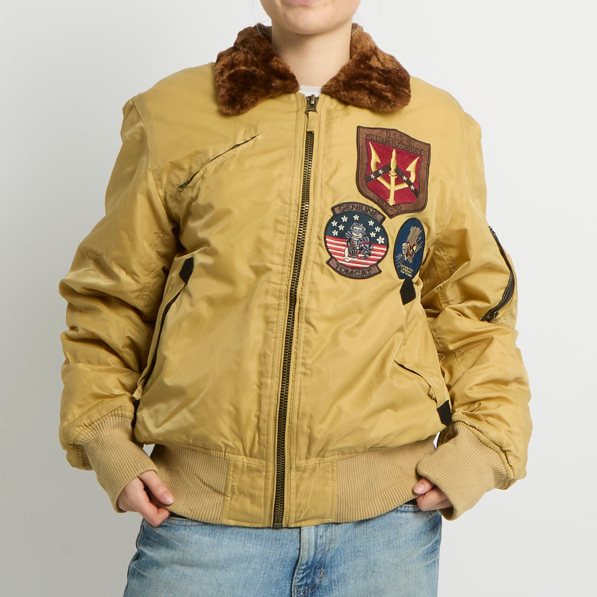 Fur Collar Badge Detail Bomber Jacket - UK 12