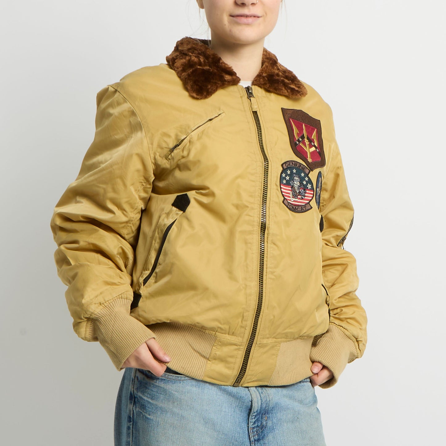 Fur Collar Badge Detail Bomber Jacket - UK 12