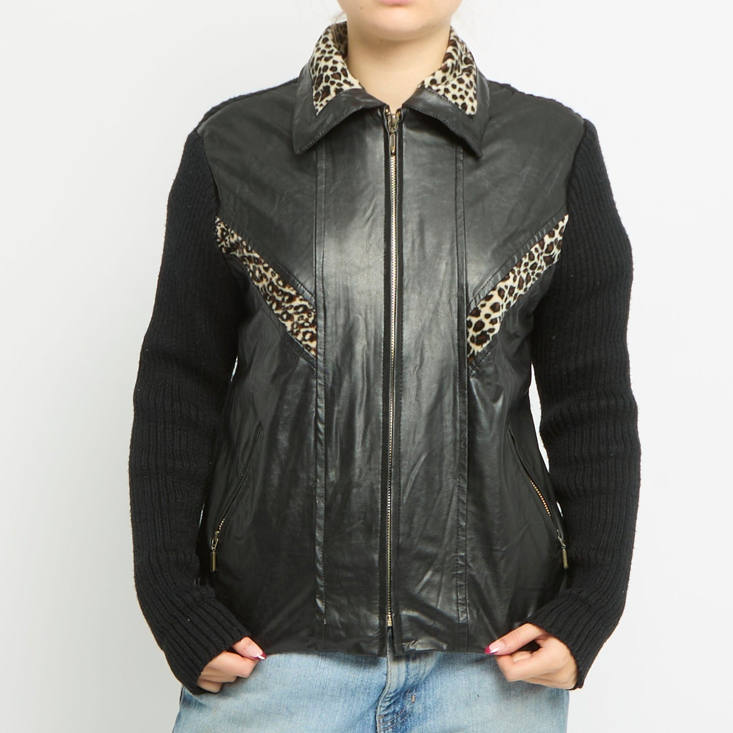 Ribbed Sleeve Leopard Print Detail Leather Jacket - UK 12