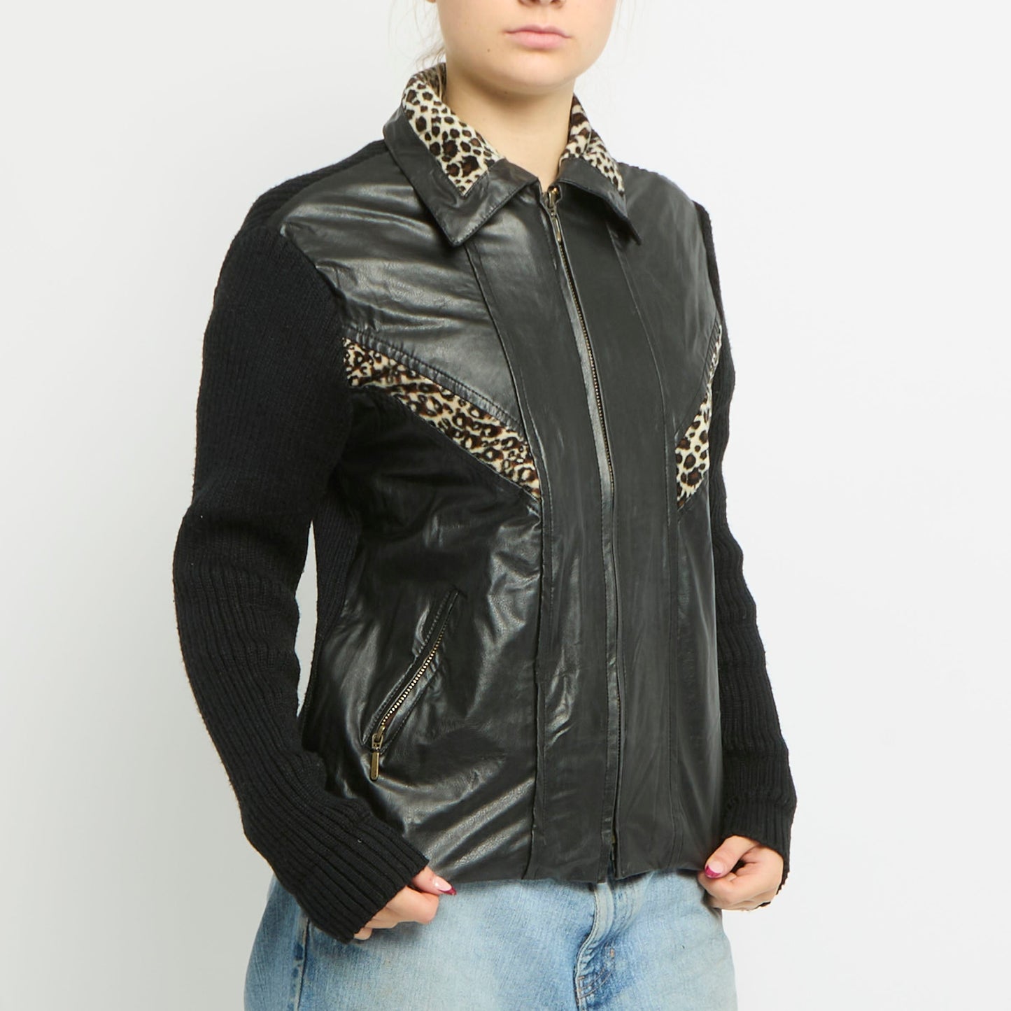 Ribbed Sleeve Leopard Print Detail Leather Jacket - UK 12