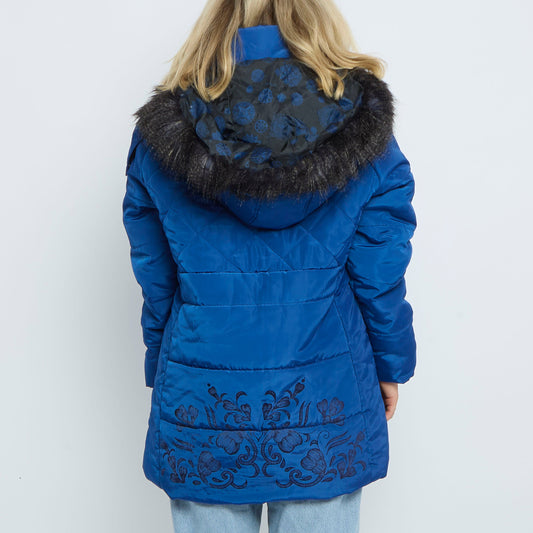 Desigual Faux Fur Trim Hooded Quilted Coat - UK 12