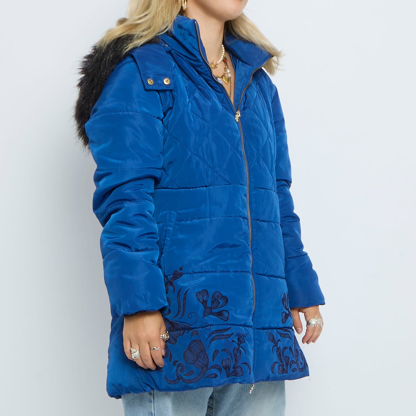 Desigual Faux Fur Trim Hooded Quilted Coat - UK 12