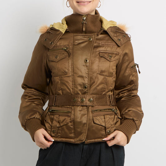 Fur Trim Hood Belted Utility Style Jacket - UK 12