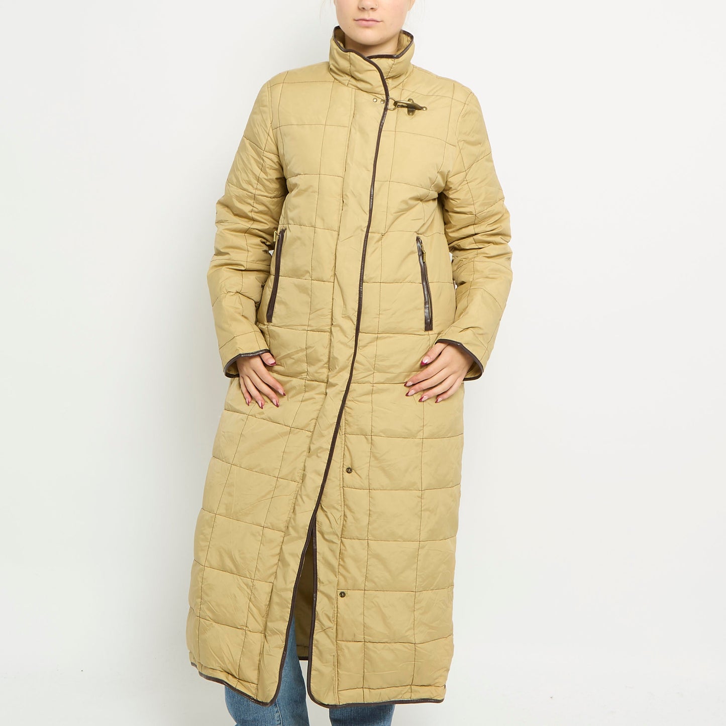 Leather Hem Detail Contrast Stitch Long Puffer - UK 12