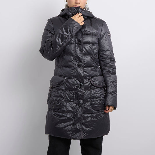 Puetery Buckle Detail Long Puffa Coat- UK 12