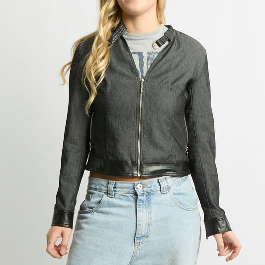 Buckle Detail Leather Hem Denim Jacket - UK 12