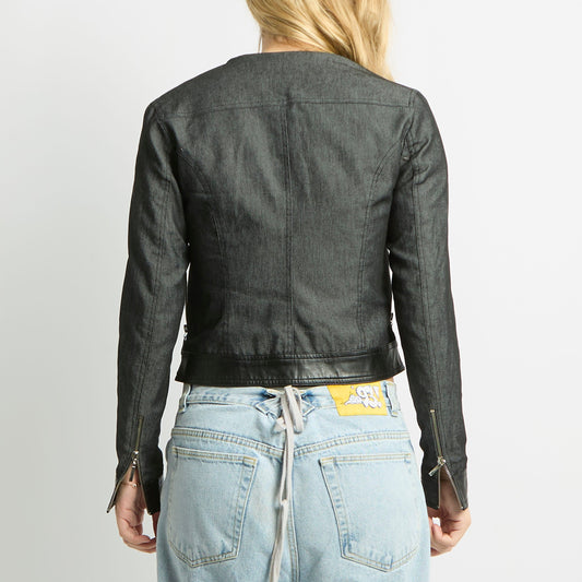 Buckle Detail Leather Hem Denim Jacket - UK 12