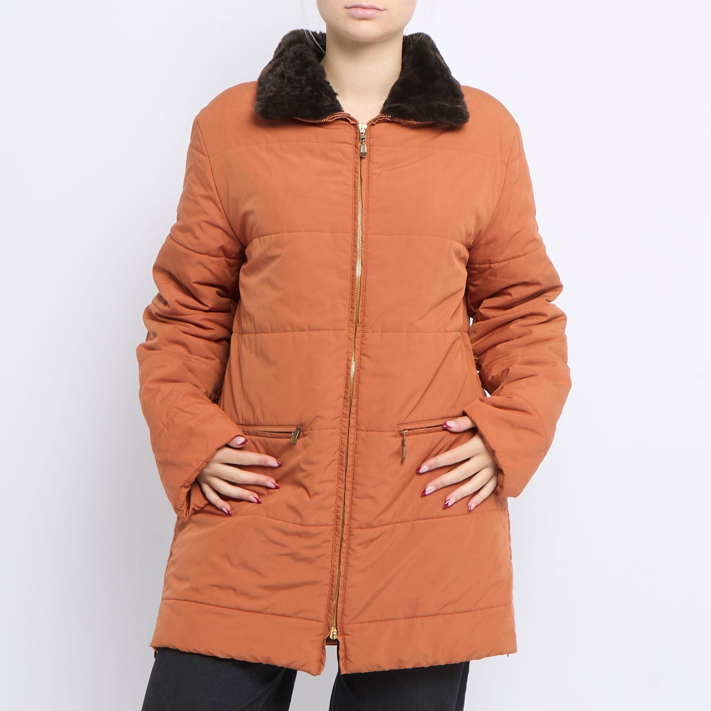 Fur Collar Quilted Long Jacket - UK 14