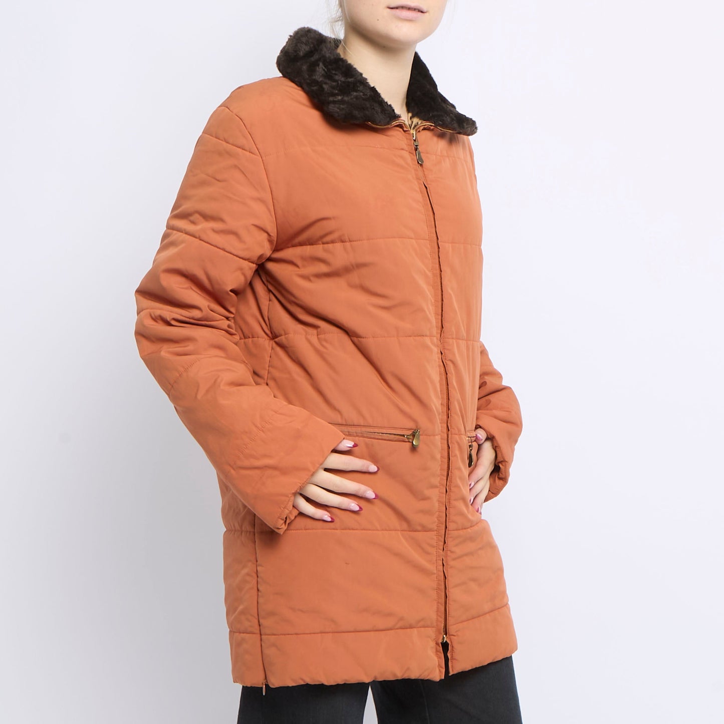 Fur Collar Quilted Long Jacket - UK 14