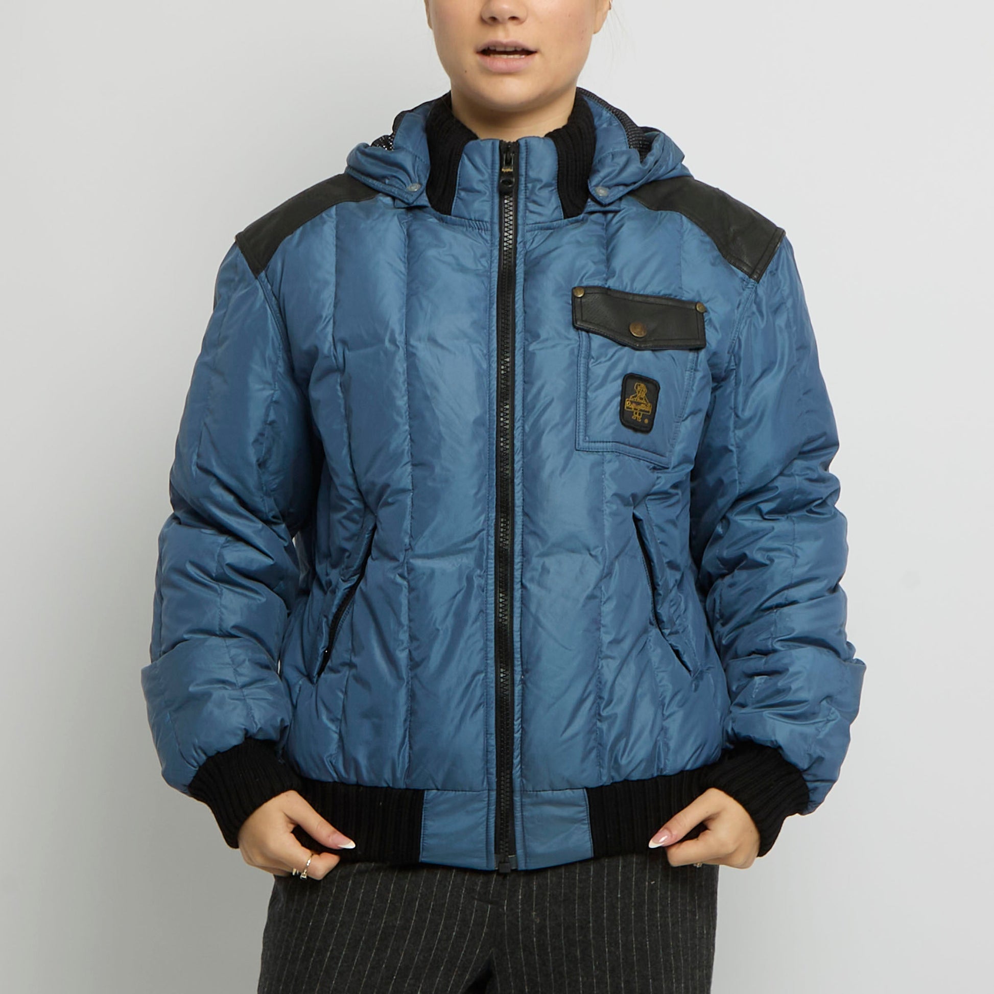 Hooded Leather Detail Puffer Jacket - UK 14