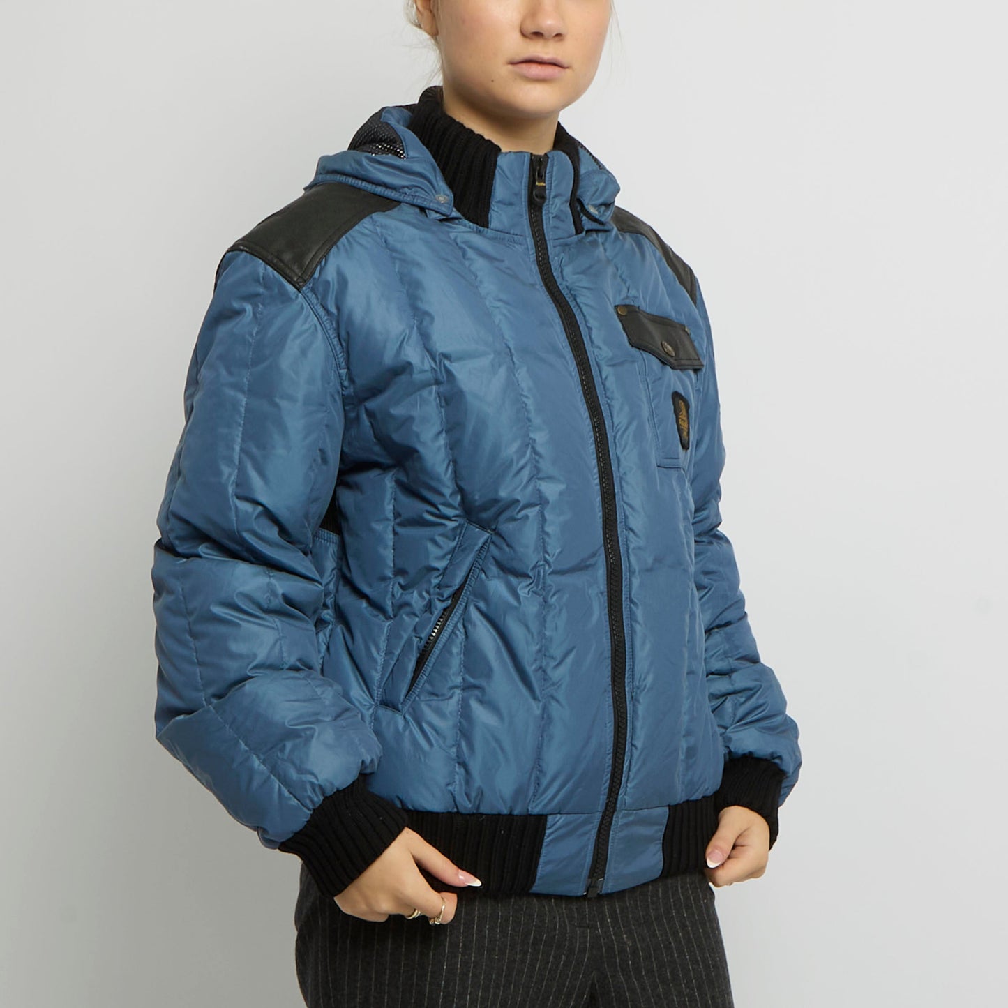 Hooded Leather Detail Puffer Jacket - UK 14