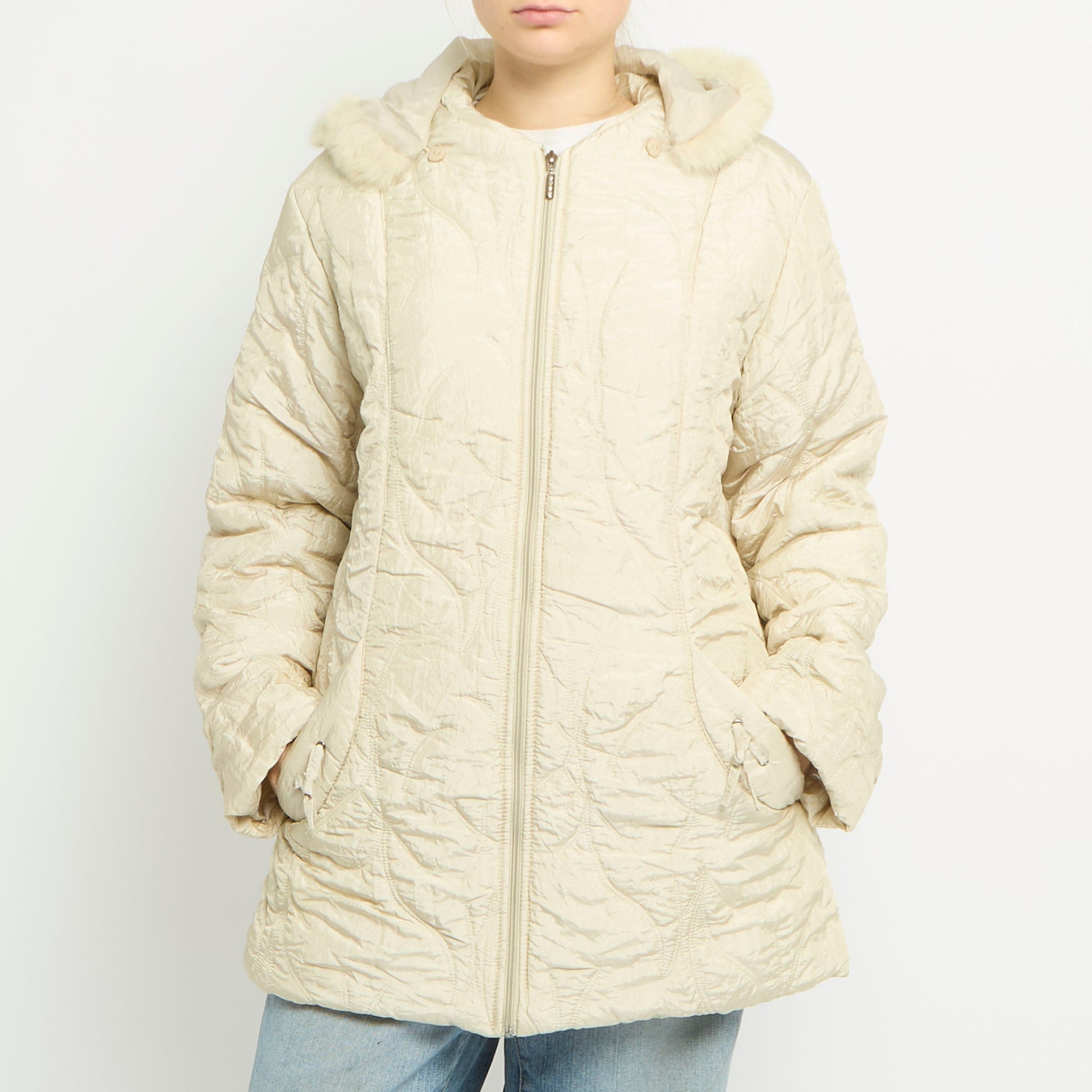 Embroidered Puffer Fur Hooded Jacket - UK 14