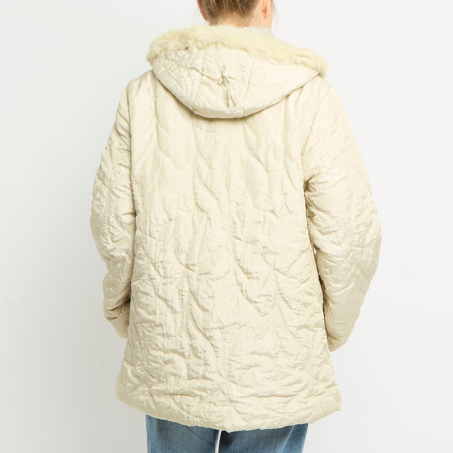 Embroidered Puffer Fur Hooded Jacket - UK 14