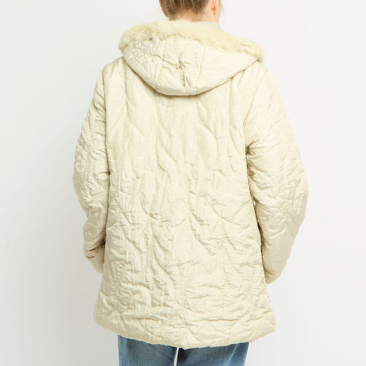 Embroidered Puffer Fur Hooded Jacket - UK 14