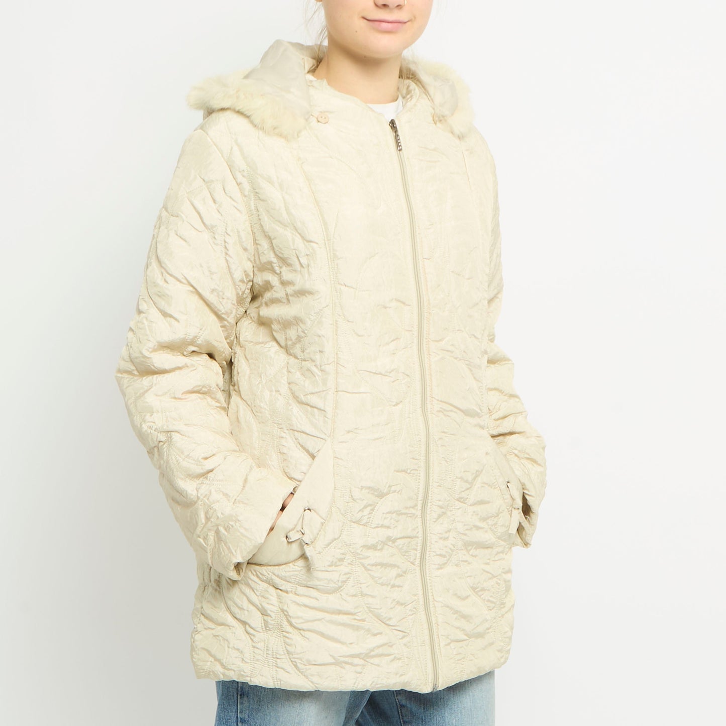 Embroidered Puffer Fur Hooded Jacket - UK 14