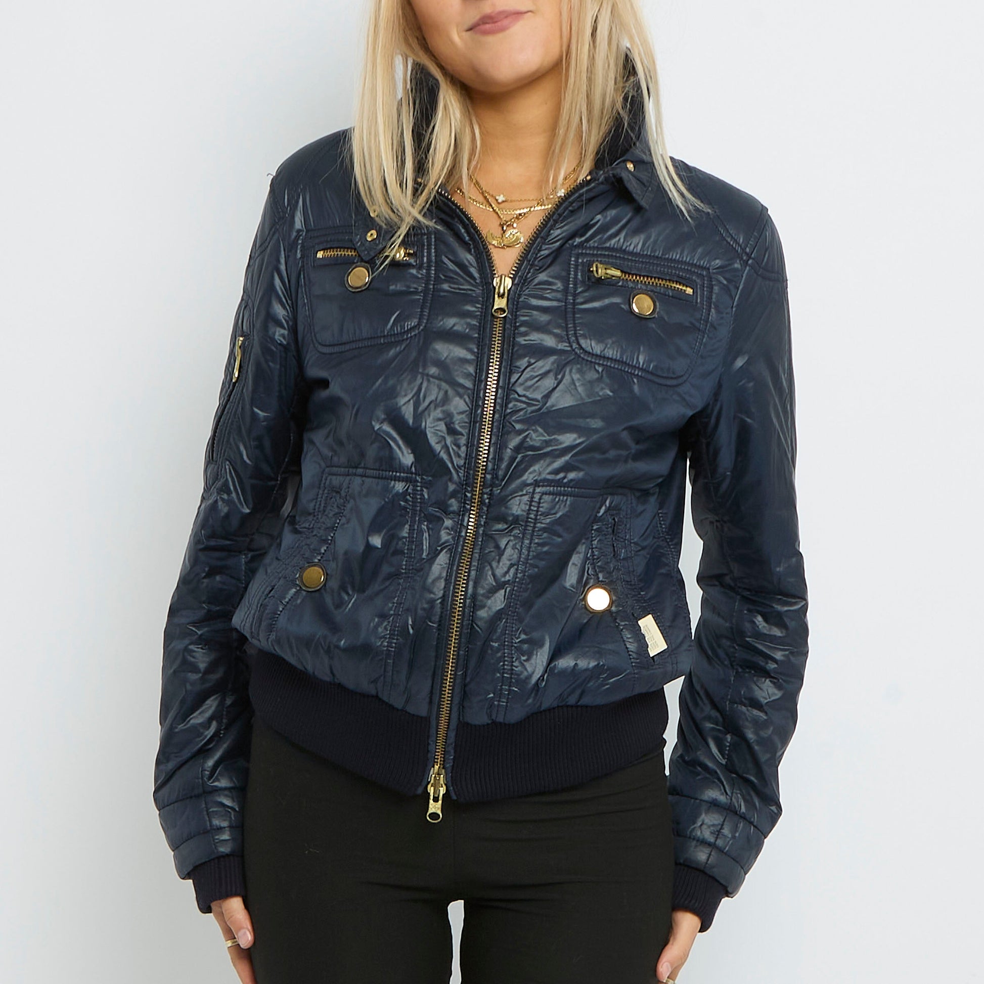 Gold Zip Details Ribbed Cuffs Bomber Jacket-14