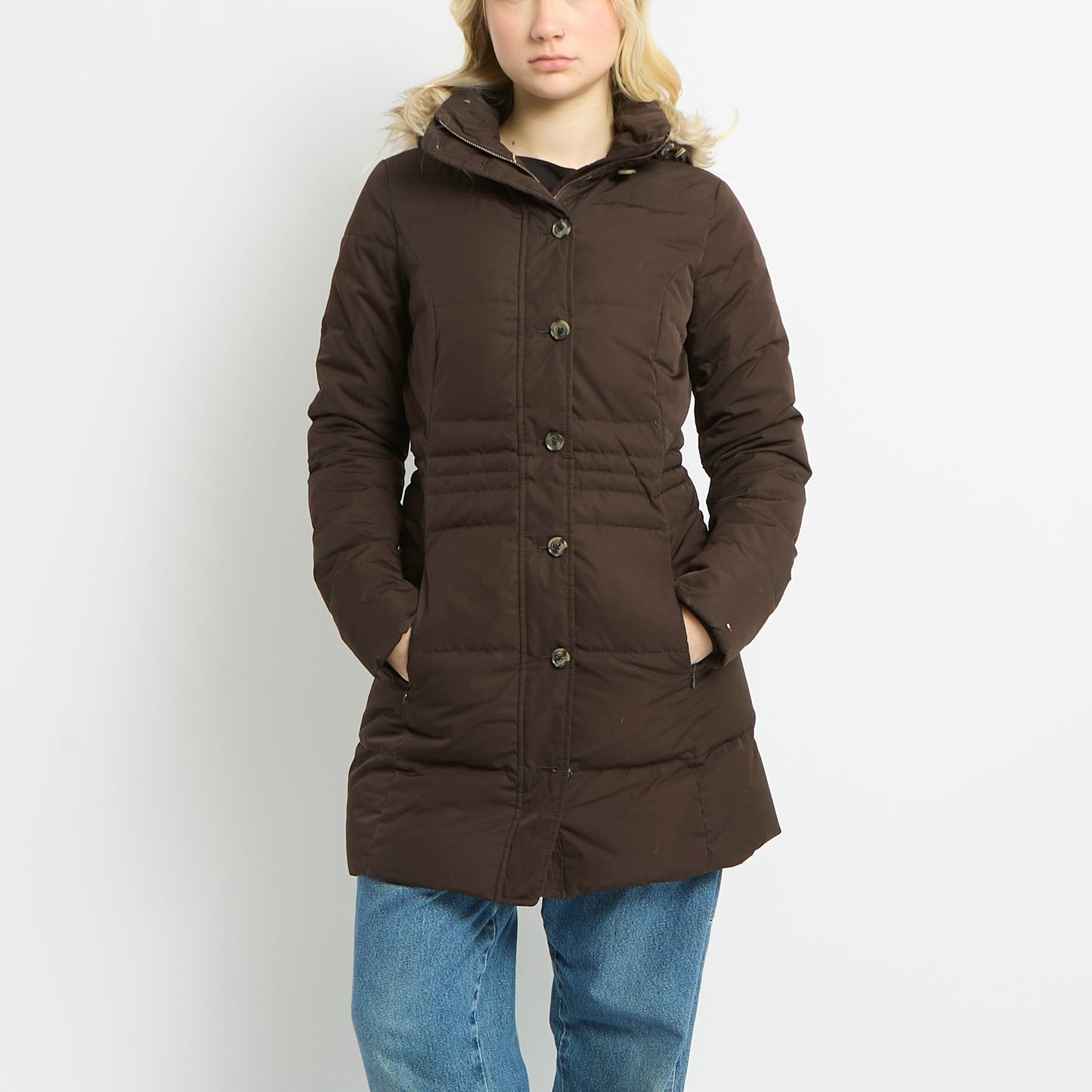 Tommy Hilfiger Long Puffer Coat With Fur Hood - UK 8