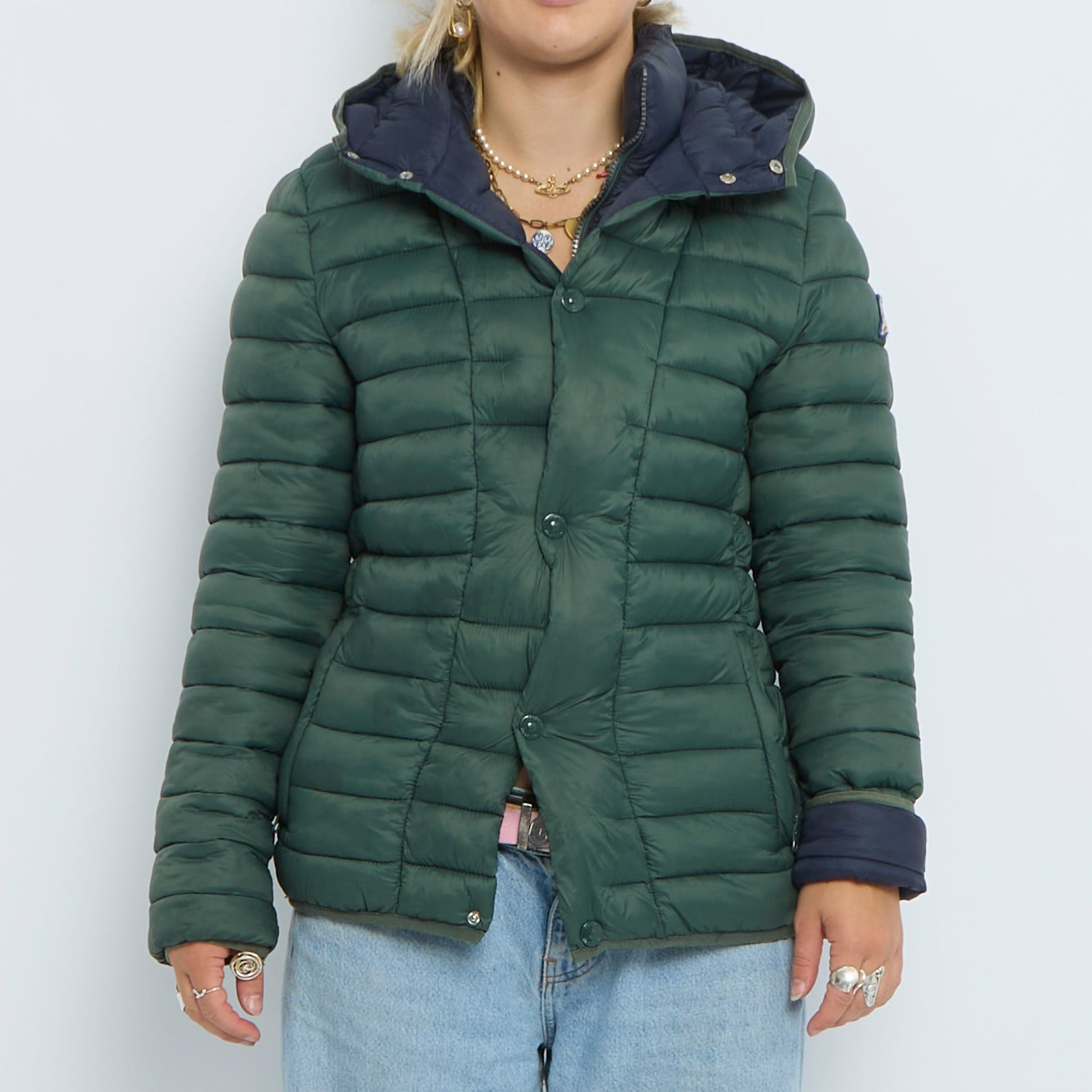 High Neck Popper Detail Fitted Quilted Jacket- UK 8