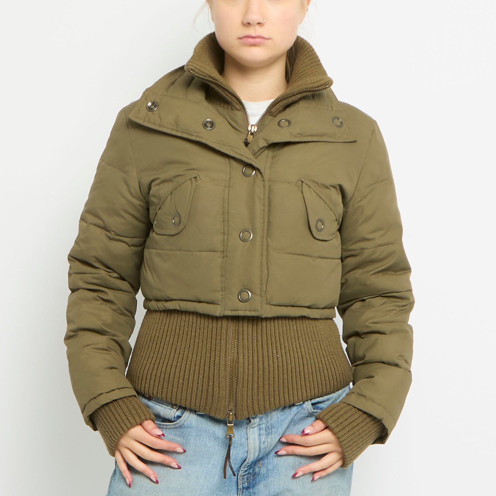 Ribbed Hem Cropped Puffer Jacket - UK 8