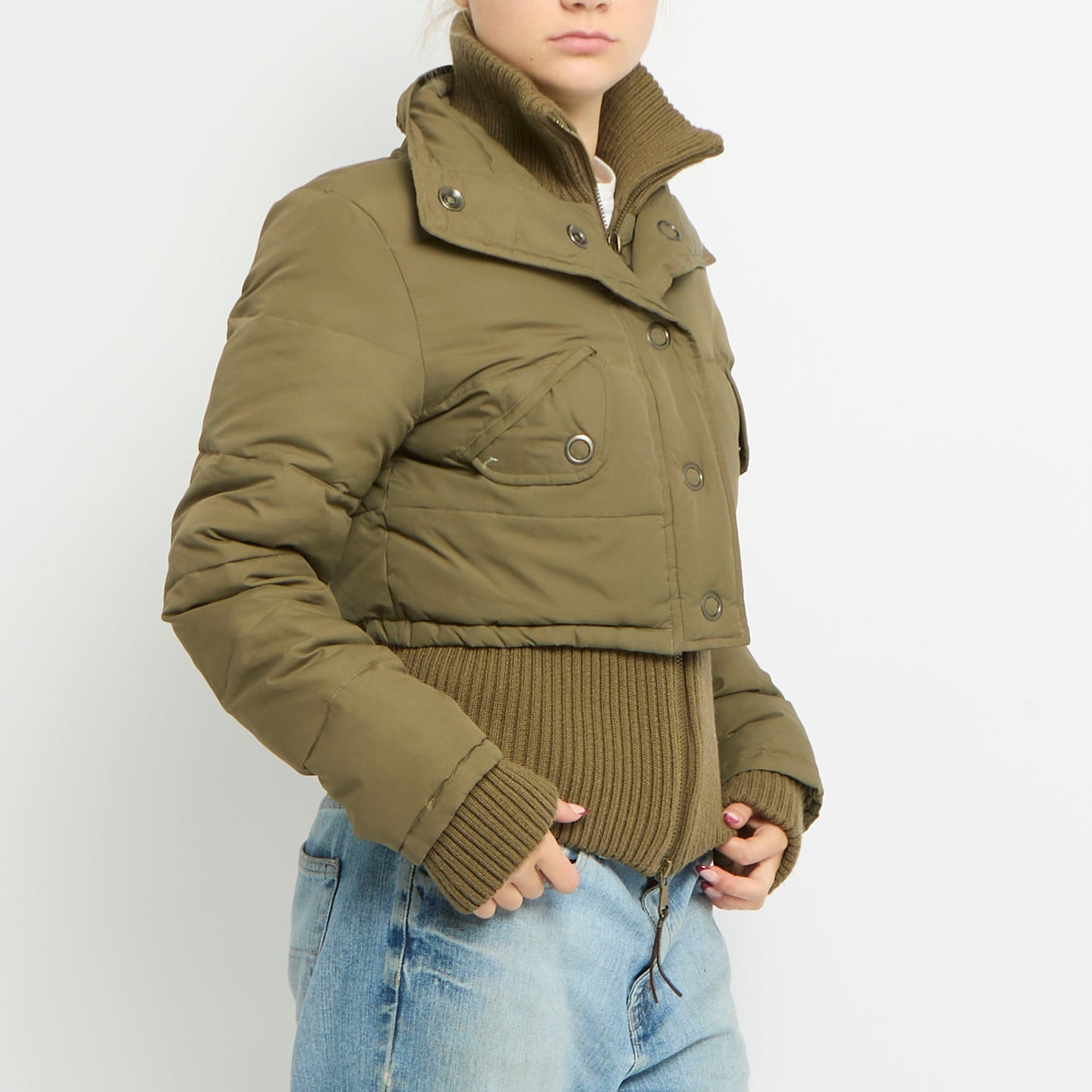 Ribbed Hem Cropped Puffer Jacket - UK 8