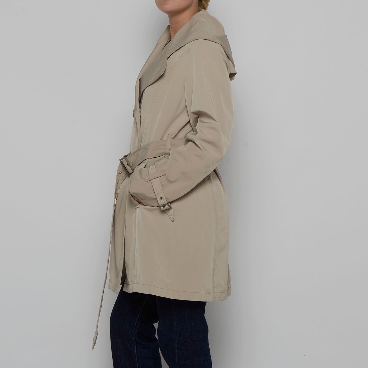 Belted Trench Coat with Hood - L