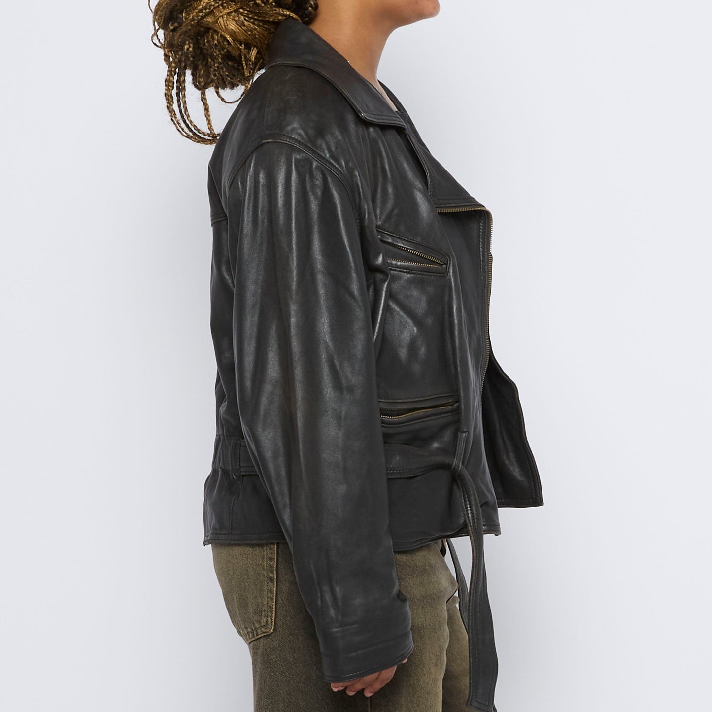 Biker Style Leather Jacket - L