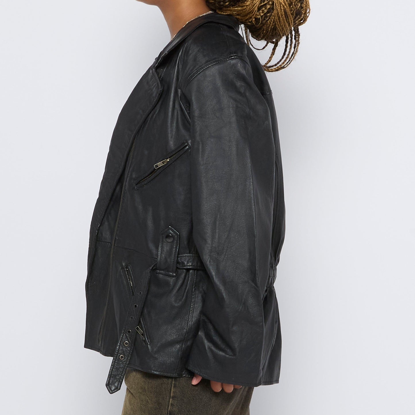 Leather Biker Style Long Line Jacket - L