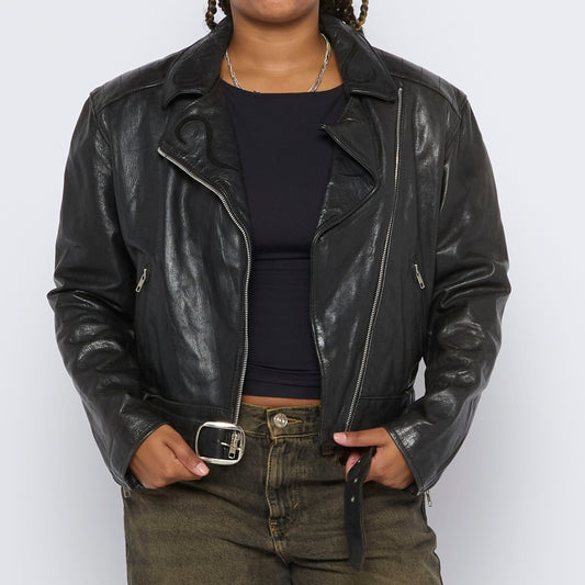 Slant Zip Cropped Leather Jacket - L