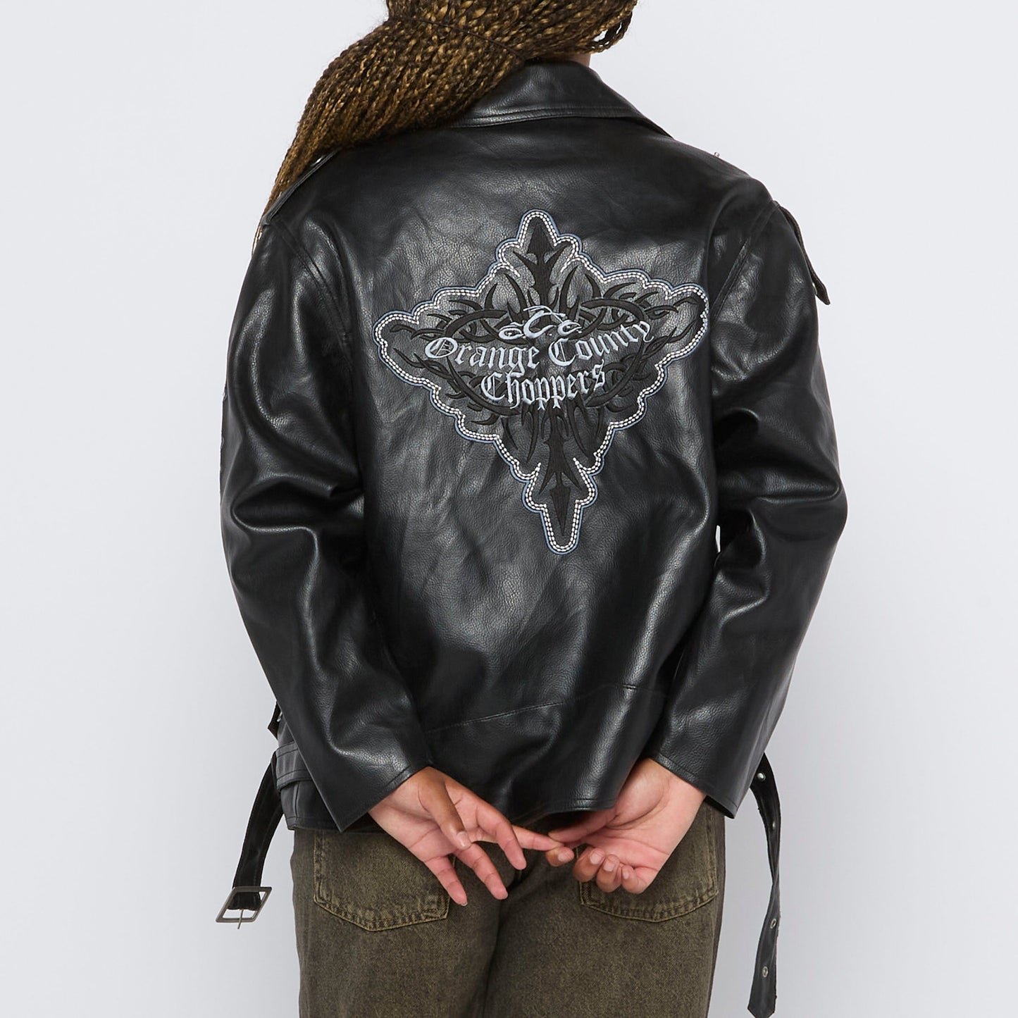 Embroidered Back Motorbike Leather Jacket - L