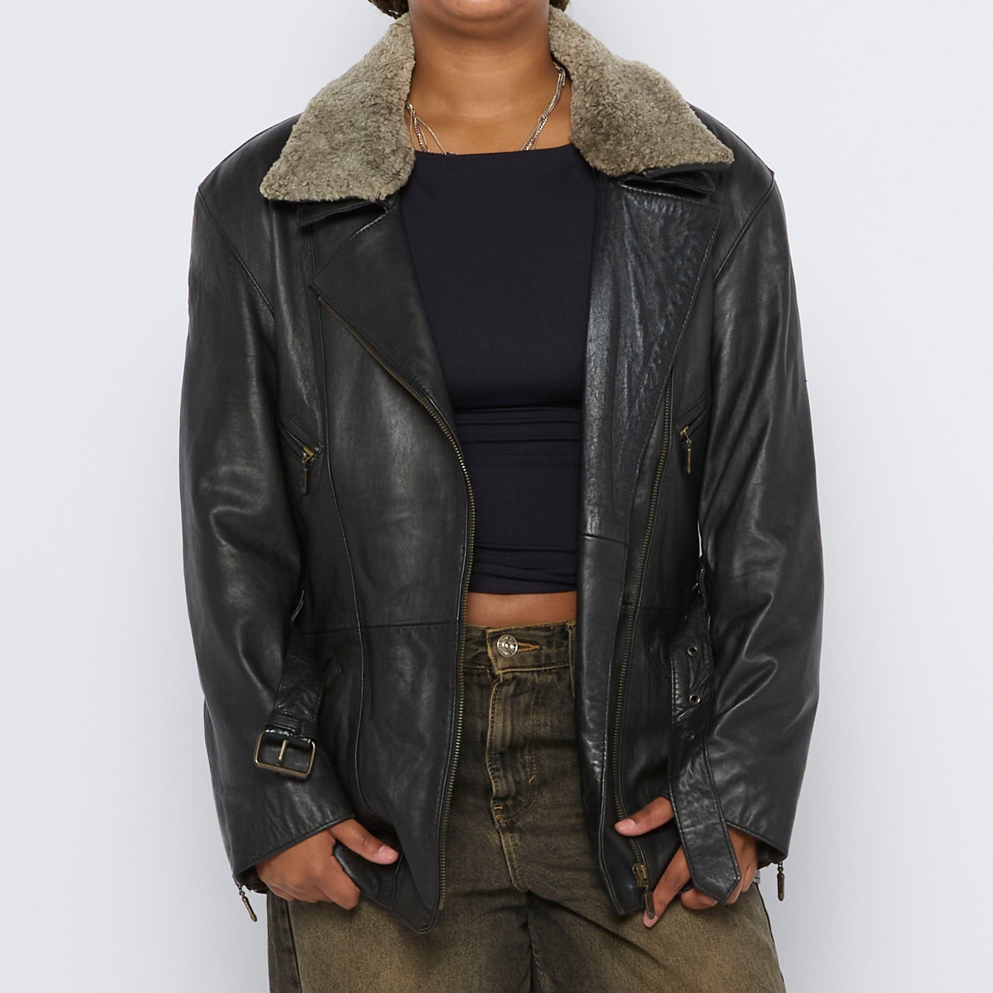 Fur Collared Leather Jacket - L