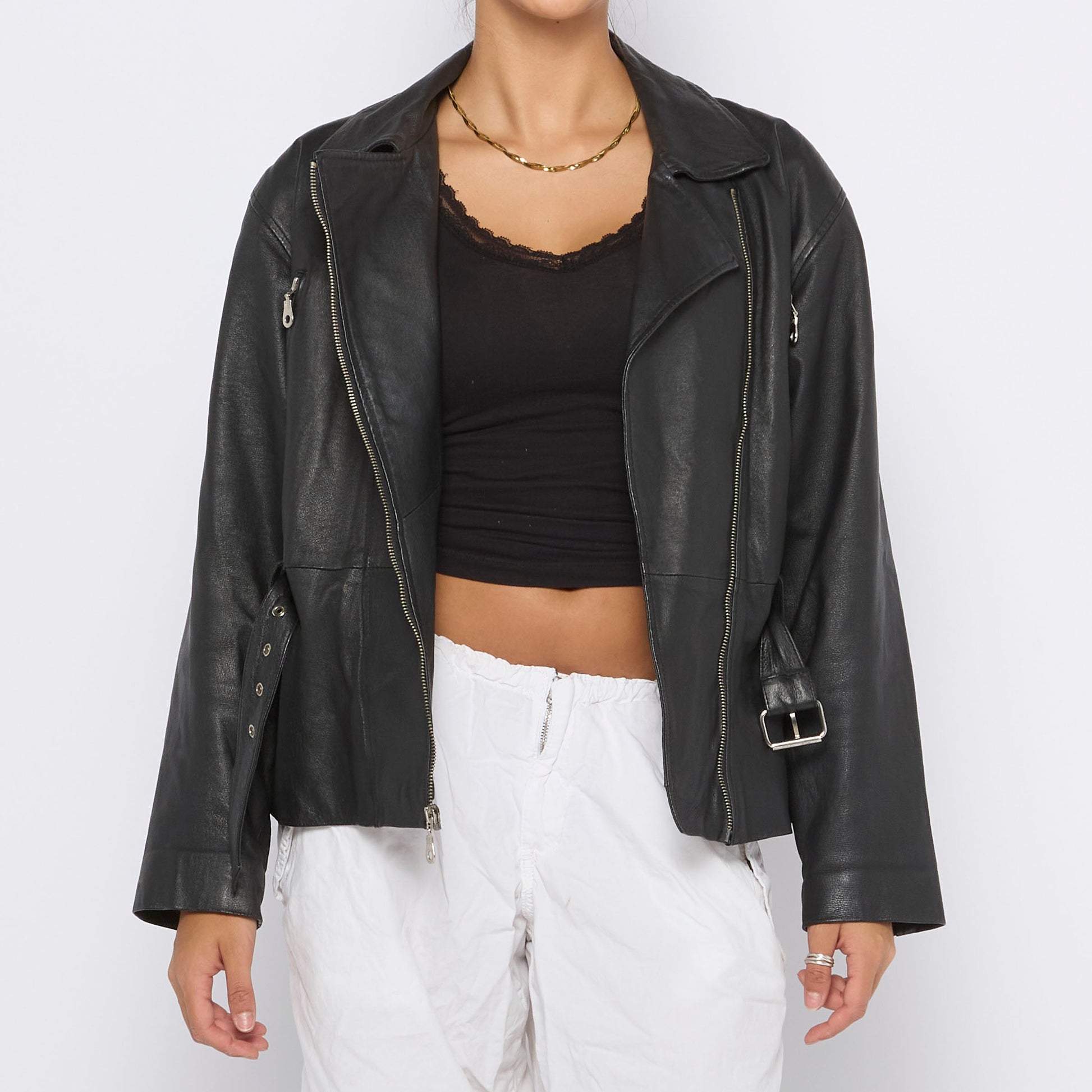 Zip Detail Leather Jacket - M