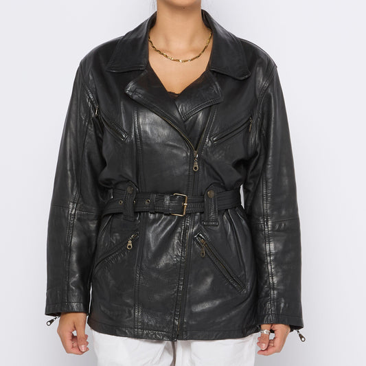 Belt Detailed Zipped Leather Jacket - M