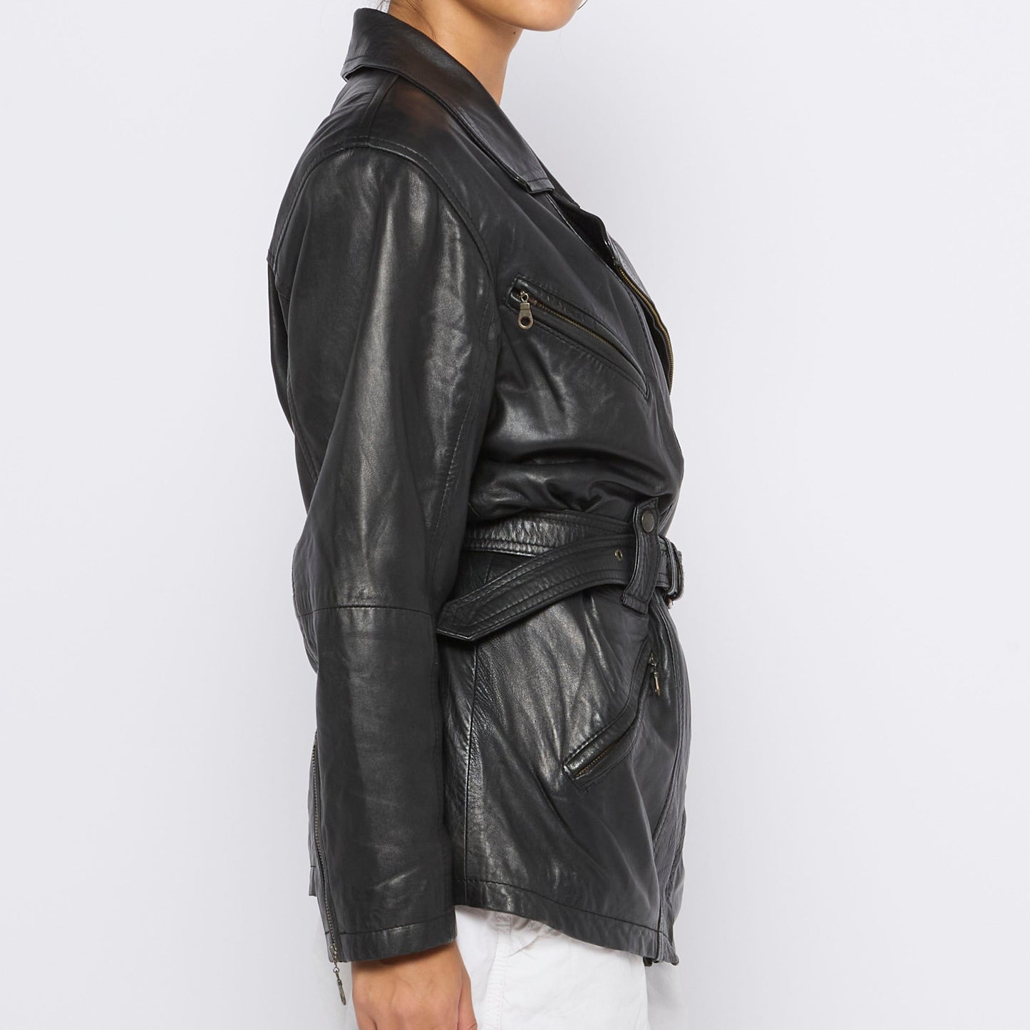 Belted Biker Style Leather Jacket - M