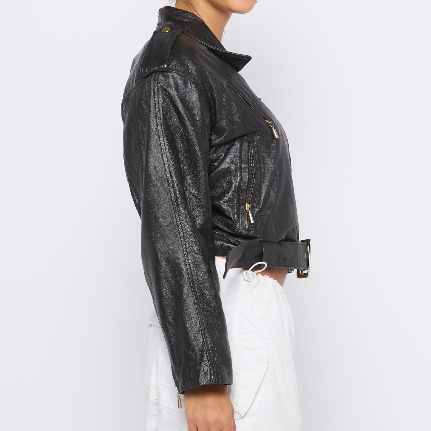 Leather Biker Jacket with Buckle Hem - M