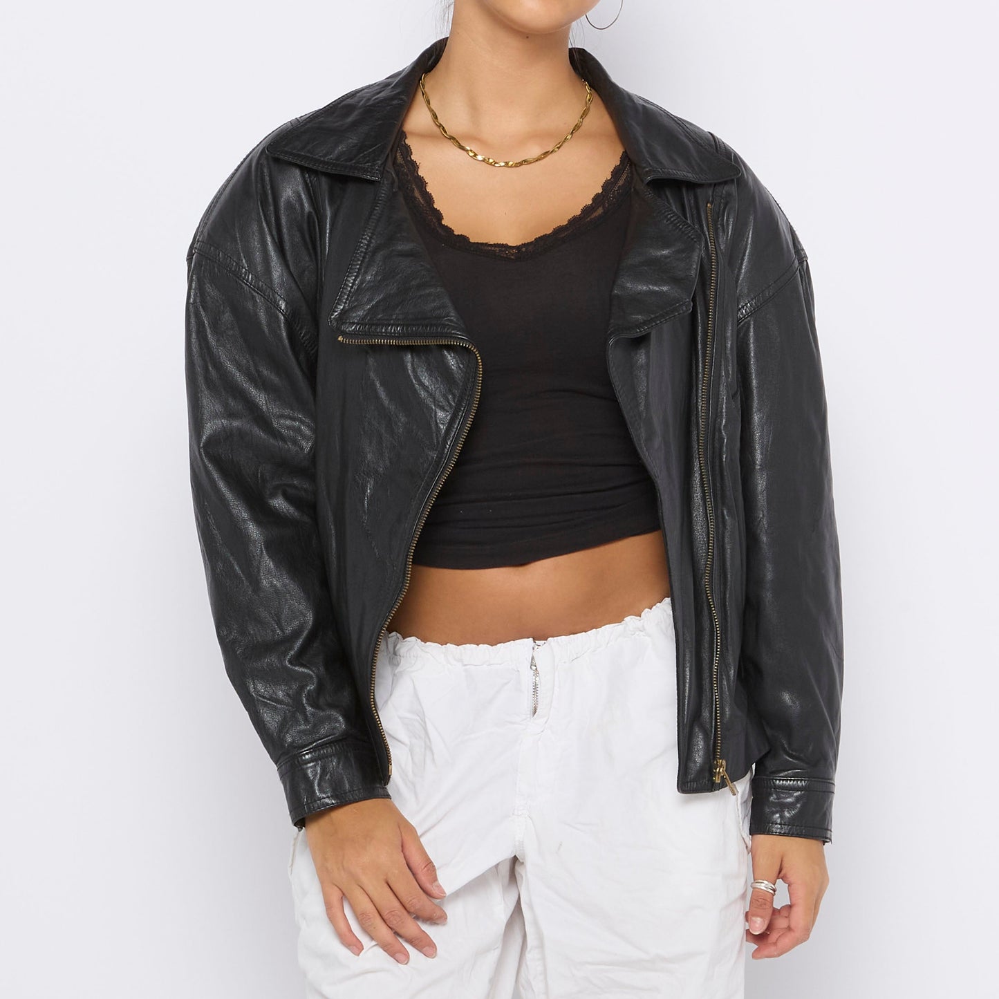 Side Zip Leather Jacket - M