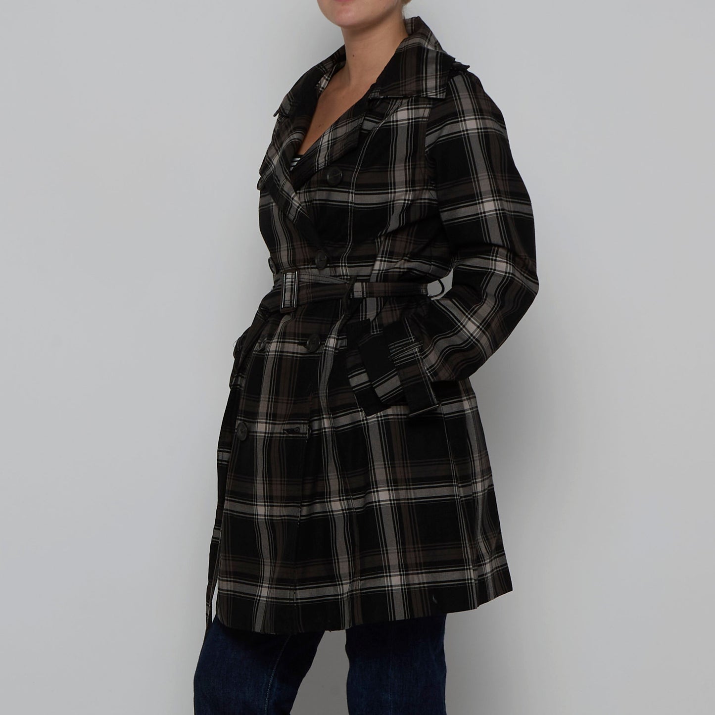 Windowpane Check Trench Coat - M