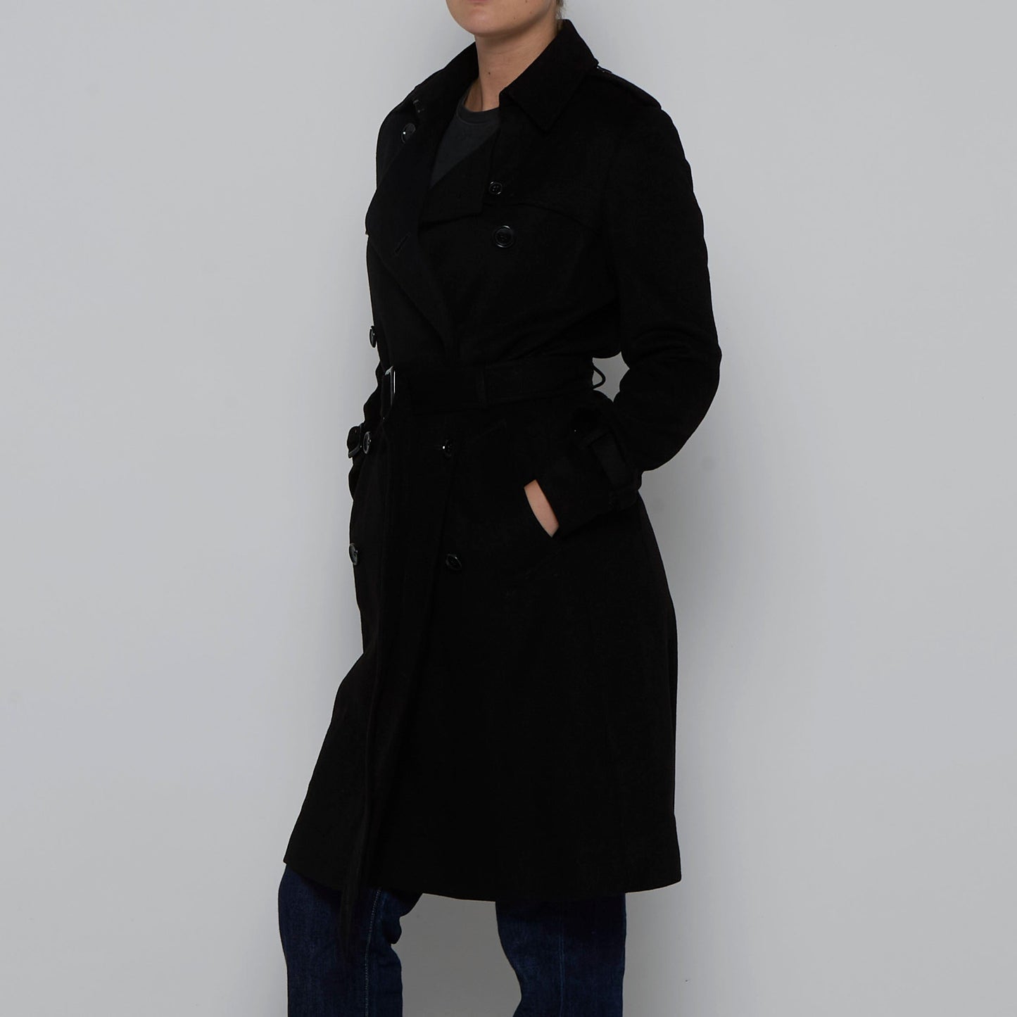 Wool Mix Double Breasted Belted Trench Coat - S