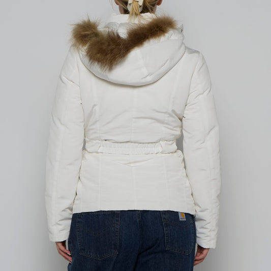 Belted Fur Trim Hood Jacket - S