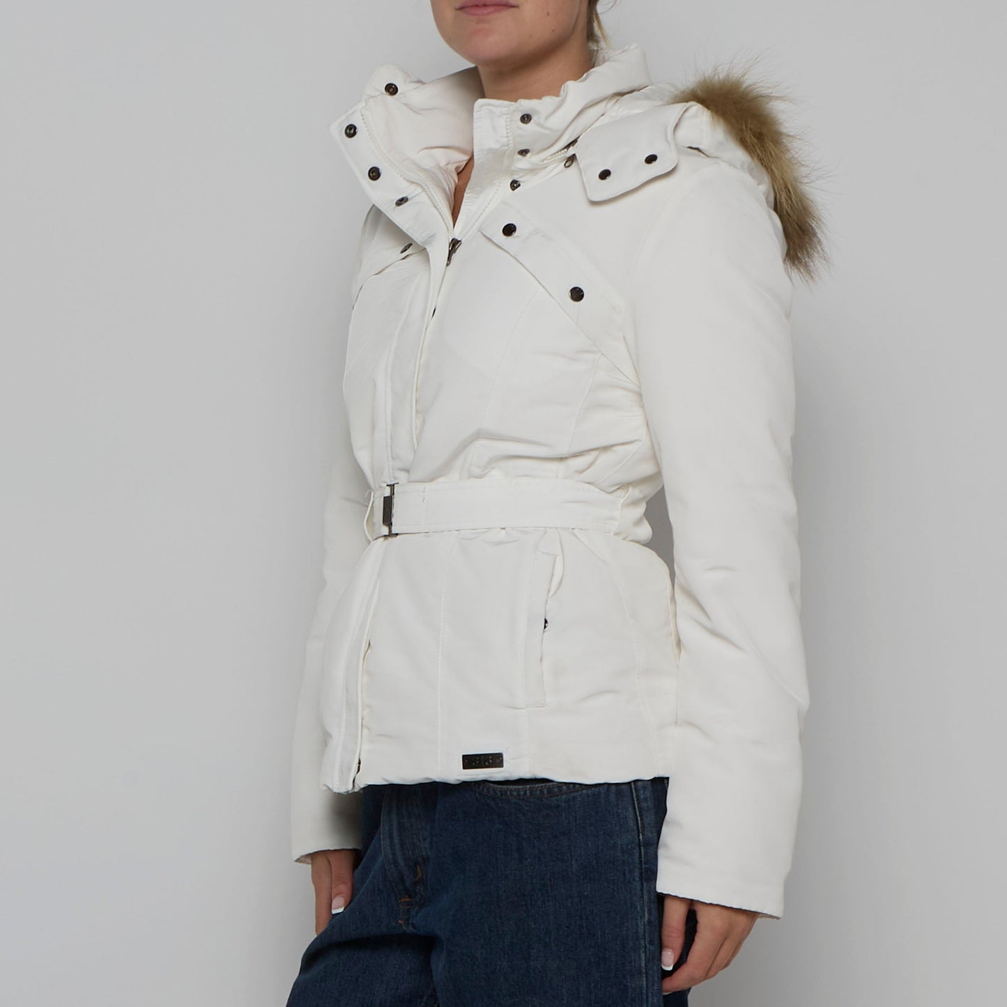 Belted Fur Trim Hood Jacket - S