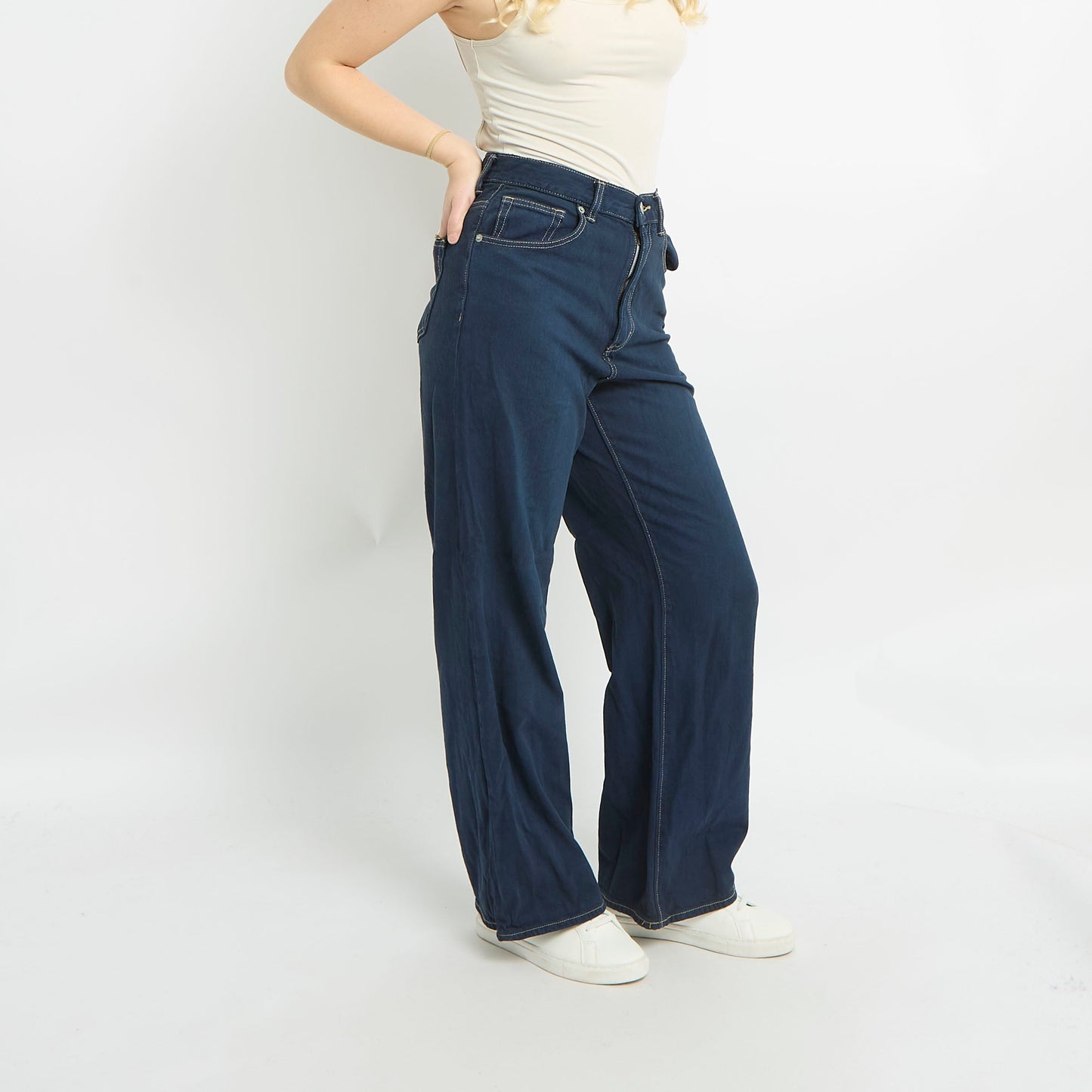 High Waisted Contrast Stitch Wide Leg Jeans - UK 10